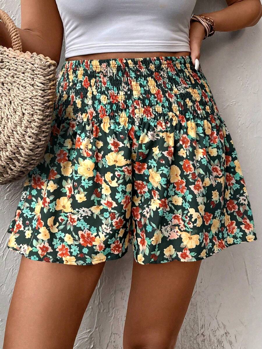 SHEIN VCAY 大码女式花卉印花松紧腰阔腿短裤，度假风格 - 墨綠色 - 查看 1