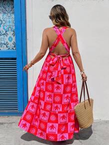 SHEIN VCAY Plus Size Women Red Summer Boho Satin Vacation Holiday Palm Tree Print Crisscross Back Casual Dress,Floral Derby Tropical Beach Graduation Outfits - Multicolor - View 1