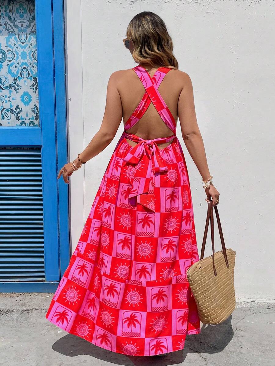 SHEIN VCAY Plus Size Women Red Summer Boho Satin Vacation Holiday Palm Tree Print Crisscross Back Casual Dress,Floral Derby Tropical Beach Graduation Outfits - Multicolor - View 1