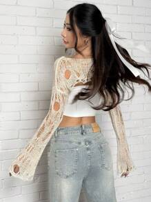 SHEIN EZwear Jersey de cuello de barco de manga larga sexy con unicolor y efecto desgastado para mujer