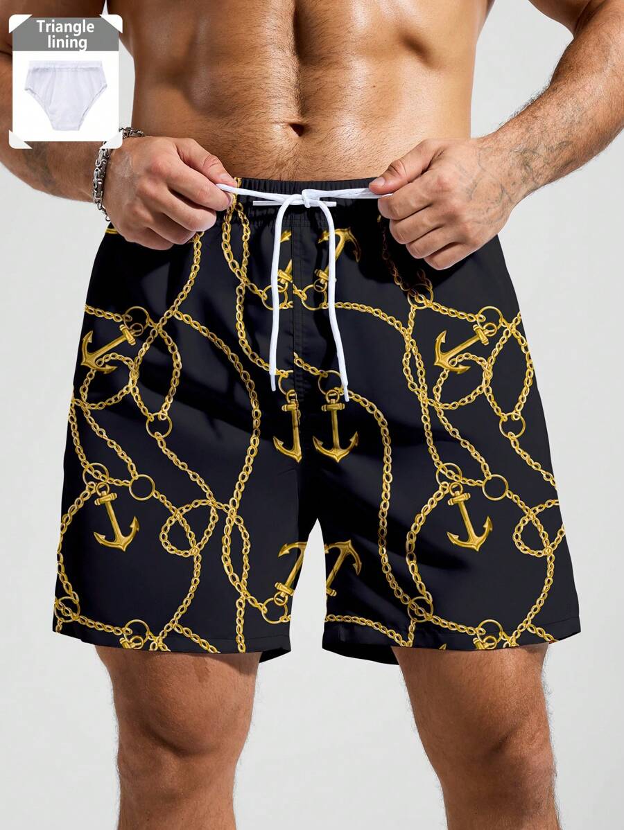 Surfspeed Men's Chain Print Beach Casual Shorts Man Swim Trunks - Black - View 1