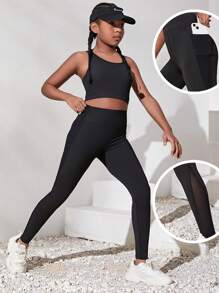 SHEIN 2pcs Tween Girls Slim Fit Casual Comfortable Trackpants Sets, Black - Black - View 1