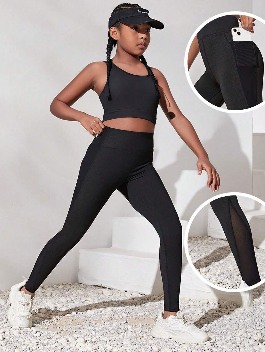 SHEIN 2pcs Tween Girls Slim Fit Casual Comfortable Trackpants Sets, Black - Black - View 1