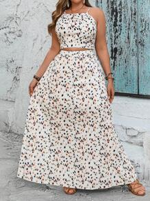 SHEIN VCAY 大码女式树叶印花露背上衣和开衩下摆裙两件套 夏季波西米亚风女装 女士早午餐装 女士机场装 海滩度假装 城市休闲装 节日装 老钱波西米亚风 波西米亚风上衣 波西米亚风格女士西部服装 西部装女式加大豹纹上衣