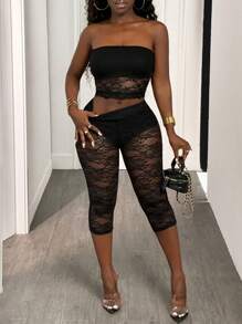 BamGleam Women's Lace Fashionable Sexy 3/4 Length Leggings Without Top - Black - View 4