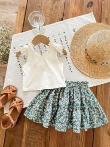 SHEIN LMoss Kids LMoss 女婴针织纯色吊带背心 + 印花雪纺迷你裙 2 件套 - 綠色 - 查看 7
