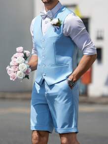 Manfinity Mode Men's Solid V-Neck Front Button Vest & Pockets Shorts Suit Set - Baby Blue - View 3