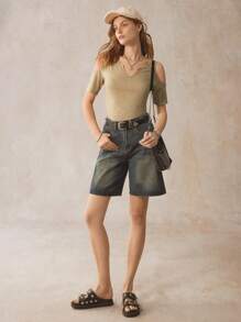 SHEIN LUNE Cold Shoulder Notched Neck Tee - Khaki - View 3