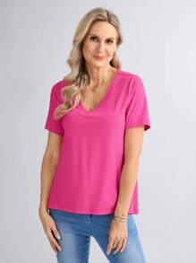 EMERY ROSE Camiseta básica de manga curta para mulheres, uso casual diário, primavera/verão - Rosa Quente - Ver 4