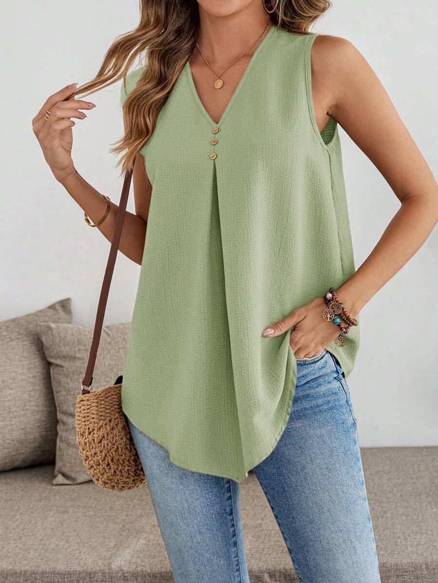 EMERY ROSE Áo sơ mi nữ không tay cổ chữ V thiết kế nút màu trơn đơn giản - màu xanh lá - Xem 1
