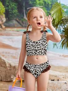 SHEIN Young Girls Bikini Sets Cute Leopard Print Shoulder Bow Bottoms Peplum Swimsuit Fashion Casual Dainty Gorgeous Lady Swimsuit Swimsuit Swimsuit Swimsuit For Swimming Swimsuit For Vacation Swimsuit For Summer - Brown - View 1