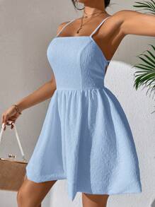 SHEIN PETITE Váy dây chéo lưng họa tiết màu trơn mùa hè cho nữ - Màu xanh lam - Xem 4
