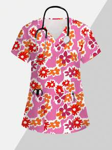 PopScrub Cute Cartoon Floral Print Colored Scrubs Tops In Pink, /Nursing Scrub Uniform - Multicolor - View 1