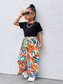 SHEIN Young Girl Solid Tee & Print Belted Wide Leg Pants Leopard Print Pantscheetah Print Pantscasual Two Pieces Set - Green - View 1