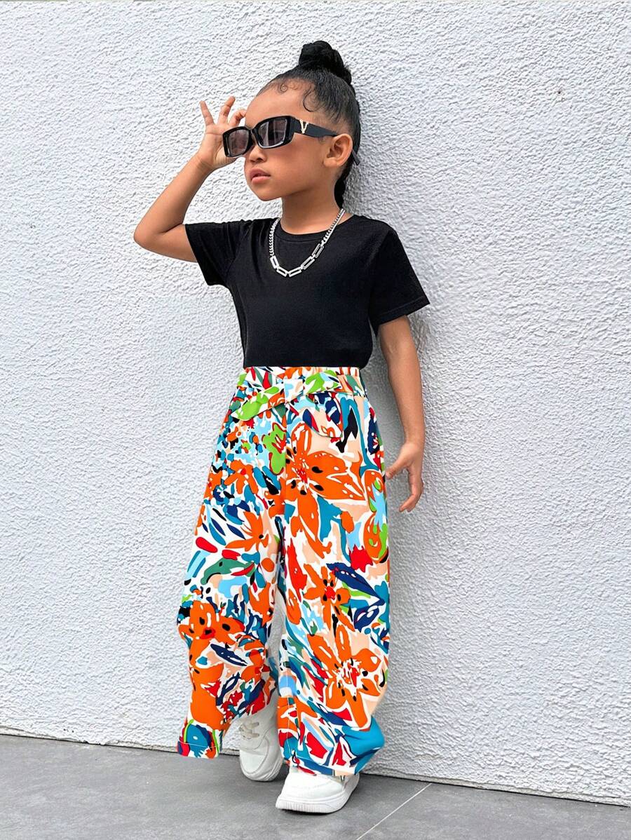SHEIN Young Girl Solid Tee & Print Belted Wide Leg Pants Leopard Print Pantscheetah Print Pantscasual Two Pieces Set - Green - View 1