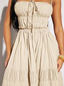 SHEIN SXY Vestido largo elegante con diseño de halter con pliegues y corte en A, de estilo occidental, de tela de lino sintética de color gris topo, para mujer, ideal para primavera, verano, vacaciones, boda, Día de San Valentín