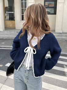 Serisse Women's Contrast Trim Knot V-Neck Long Sleeve Cardigan,Knitted Sweater In Fall/Winter Casual Blue - Navy Blue - View 3