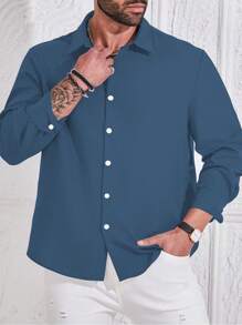 Manfinity Homme Plus Size Men's Minimalist Casual Button-Up Long Sleeve Shirt, Suitable For Commute, Navy Blue Dress Shirt Men, Dark Blue Shirt Men