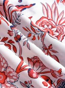 SHEIN Teen Girl Red & White Vacation Positioning Print, Halter Neck Hollow Out Cinched Waist Casual Vacation Dress