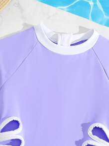 Girls' One-Piece Contrast Color Hollow Out Swimsuit, Suitable For Beach Holiday - Purple - View 3