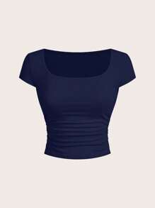 SHEIN BAE 3 件套女士休闲 U 领收褶弹力短袖 T 恤，适合夏季 - 彩色 - 查看 7