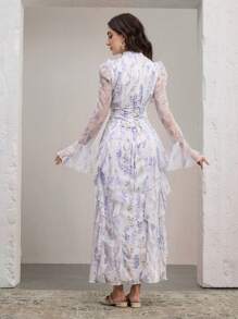 Graceveil Women's Extra Long Floral Print Ruffled Waist Tie Modest Elegant Dress - Multicolor - View 2