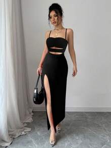 Selianne Women's Solid Color Mid-Length Dress, Slip Dress, Hollow Out, Minimalist, Fashionable, Suitable For Summer