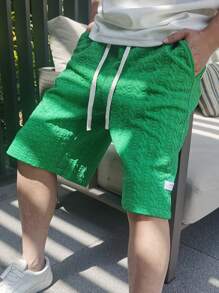 Manfinity Homme Men's Summer Casual Textured Letter Patch Drawstring Waist Shorts - Green - View 5