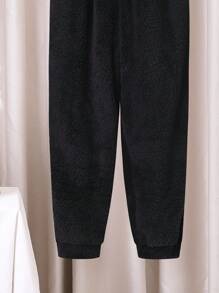 Tween Boy 2pcs Checkerboard Pattern Drop Shoulder Teddy Hoodie & 1pc Pants