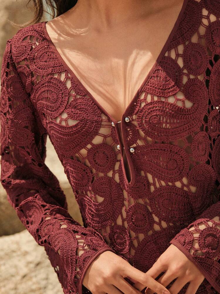 Water Soluble Lace Hollow-Out Flower Trim Long Sleeve Coverup, Suitable For Summer, Beach, Festival, Casual, Vacation, Holiday
