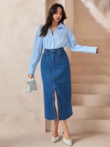 CLARA VERO Split Thigh Denim Skirt - Blue - View 5