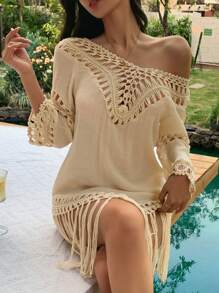 DAZY 女士纯色镂空设计长袖罩衫连衣裙，适合度假