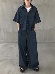 FRIFUL 女式落肩单排扣口袋夹克和牛仔裤套装