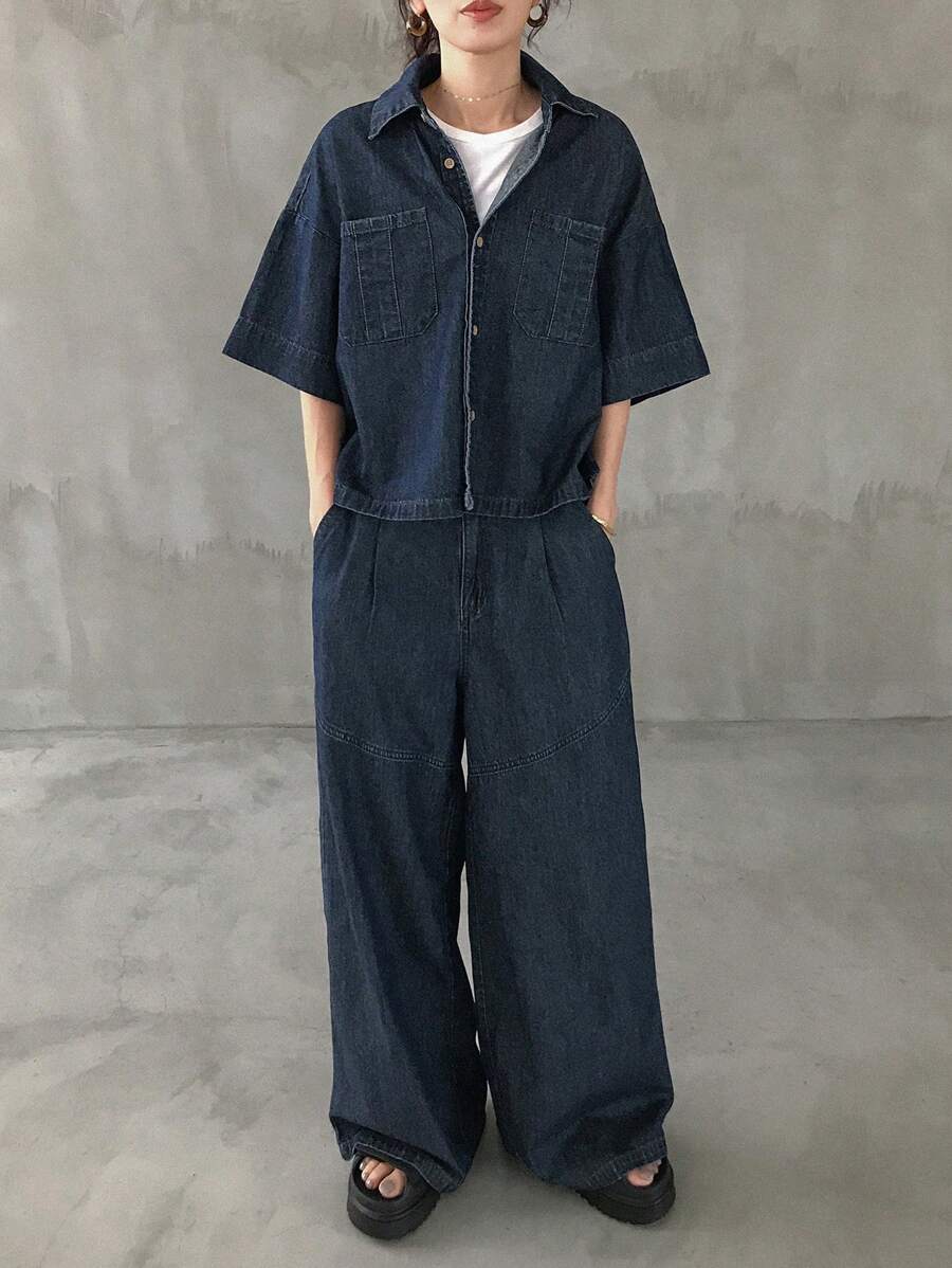 FRIFUL 女式落肩单排扣口袋夹克和牛仔裤套装