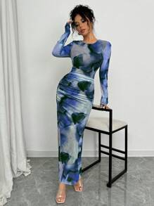 Elenzga 优雅渐变长袖修身女式连衣裙长款女装 - 藍色 - 查看 5