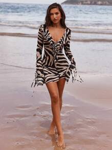 SHEIN BAE 女士夏季度假海滩婚礼季斑马纹露肩领金属装饰荷叶边迷你连衣裙，女士夏季服装，狂欢服装，欧洲夏季 - 黑色 - 查看 5