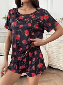 SHEIN Women Strawberry Print Knit Round Neck Short Sleeve Shorts Pajama Set - Black - View 1