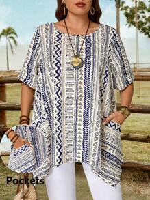 EMERY ROSE Plus Size Women's Geometric Print Pocket Casual Tunic Tops Blouse Concert,Country Concert,Boho Chic,Boho,Summer - Blue and White - View 1