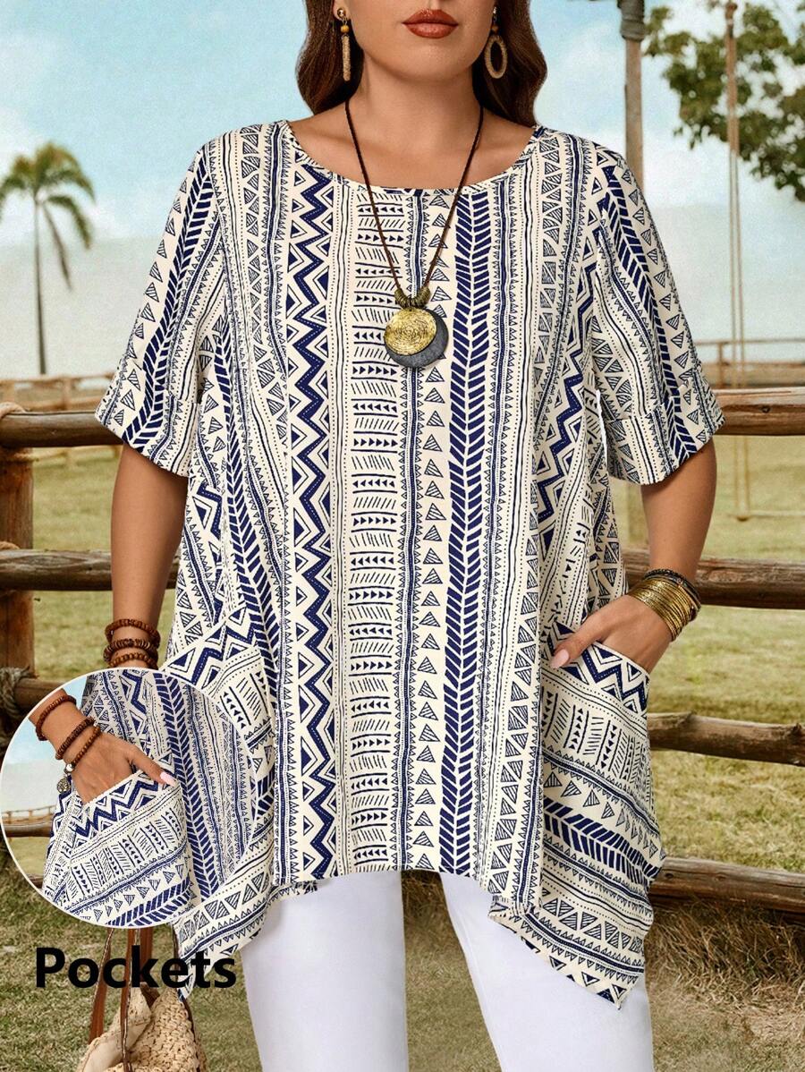 EMERY ROSE Plus Size Women's Geometric Print Pocket Casual Tunic Tops Blouse Concert,Country Concert,Boho Chic,Boho,Summer - Blue and White - View 1