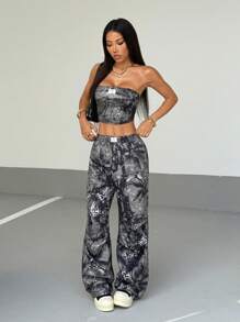 SHEIN Unity Bộ 2 áo ống in hình lá héo cổ điển dành cho nữ và quần dài thường ngày, mùa thu - xanh quân đội - Xem 5