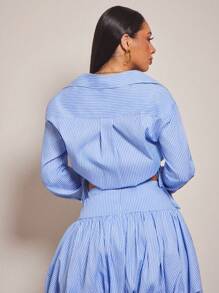 Vixey Stripe Drawstring Hem Button Up Collared Crop Shirt, Business Casual For Women, Spring Tops, Summer Tops - Multicolor - View 3