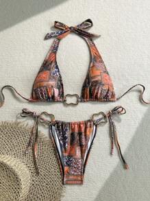 Soleia 2 件套复古彩色向日葵印花金属装饰系带比基尼套装，适合度假 - 彩色 - 查看 5