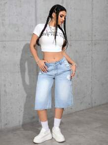 SHEIN EZwear 女士宽松破洞口袋阔腿七分休闲牛仔裤