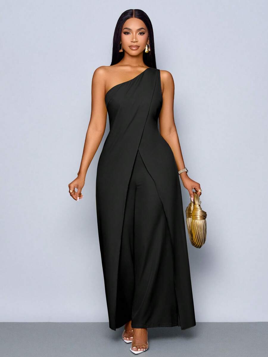 SOLERSUN Women's Spring Summer Fashionable Daily One Shoulder Sleeveless Slit Wide Leg Jumpsuit - Black - View 1