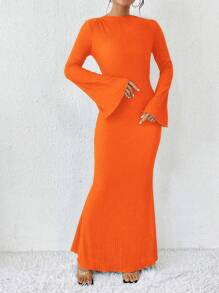 Solid Color Trumpet Sleeve Mermaid Dress Maxi Women Outfit Fall Cloth For Women - Burnt Orange - View 6
