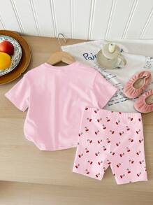 SHEIN 2pcs/Set Girls Casual Cherry Print Short Sleeve T-Shirt And Shorts Outfit, Summer Summer Outfits