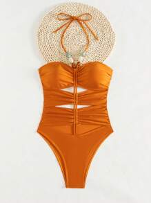 SHEIN Swim 女士夏季新款性感抽绳露背串珠连体泳衣，闪亮材质，适合海滩度假 - 鏽棕色 - 查看 7