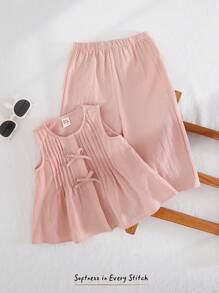 Cozy Pixies Baby Girl Bow Decor Crew Neck Sleeveless Top And Elastic Waist Pants 2 Pieces Set - Pink - View 6