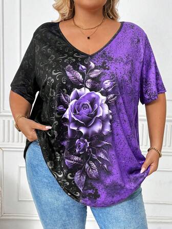 SHEIN CURVE+ Curve Plus 夏季休闲复古玫瑰花卉印花 V 领短袖 T 恤女式加大码 T 恤