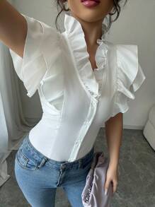 Elenzga Blusa elegante da donna, adatta per il pendolarismo, tempo libero e vacanze, con maniche a volant, colletto a volant, vita arricciata e scollo a V, in tinta unita